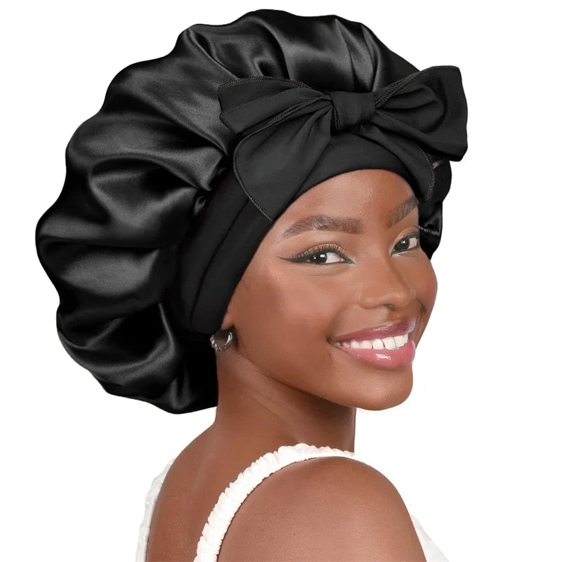 Premium Silk Sleeping Bonnet - Oversized Sleep Cap with Wide Elastic Tie Band for Curly, Dreadlocked, and Braided Hair