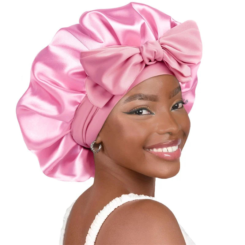 Premium Silk Sleeping Bonnet - Oversized Sleep Cap with Wide Elastic Tie Band for Curly, Dreadlocked, and Braided Hair