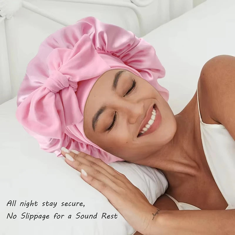 Premium Silk Sleeping Bonnet - Oversized Sleep Cap with Wide Elastic Tie Band for Curly, Dreadlocked, and Braided Hair