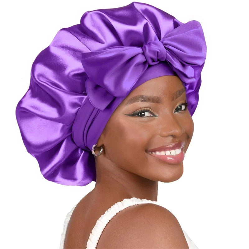 Premium Silk Sleeping Bonnet - Oversized Sleep Cap with Wide Elastic Tie Band for Curly, Dreadlocked, and Braided Hair