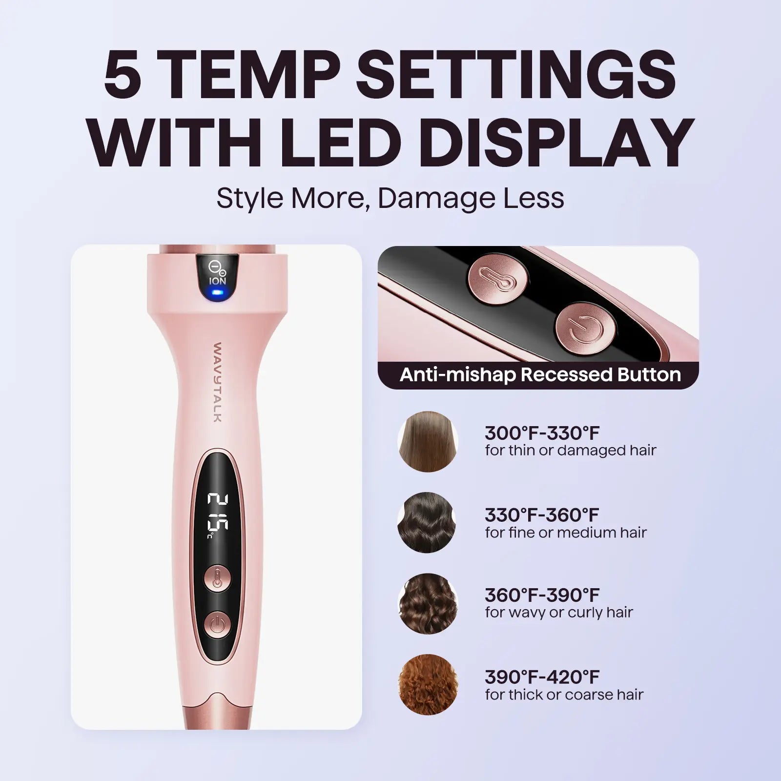 Wavytalk 1.5'' Ionic Thermal Brush with LED Display - Adjustable Heat 300℉-420℉ for All Hair Types, Universal Voltage 120-240V