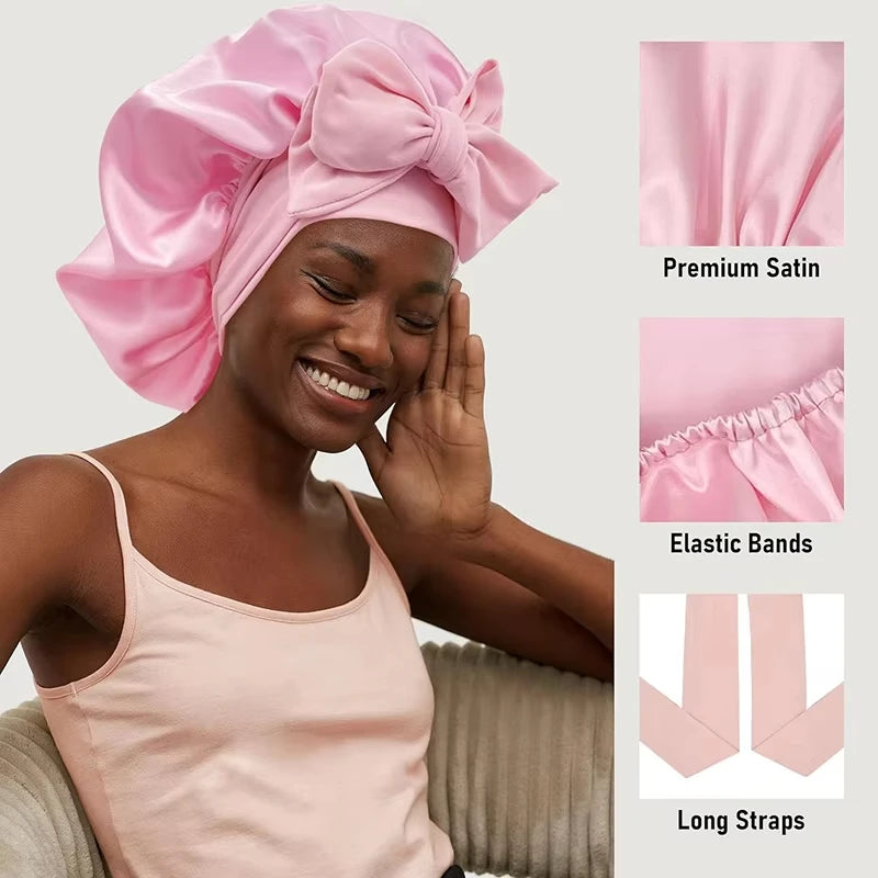 Premium Silk Sleeping Bonnet - Oversized Sleep Cap with Wide Elastic Tie Band for Curly, Dreadlocked, and Braided Hair