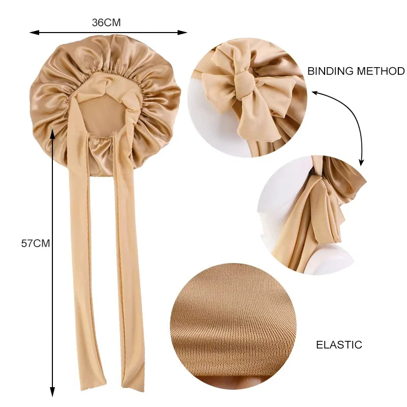 Premium Silk Sleeping Bonnet - Oversized Sleep Cap with Wide Elastic Tie Band for Curly, Dreadlocked, and Braided Hair
